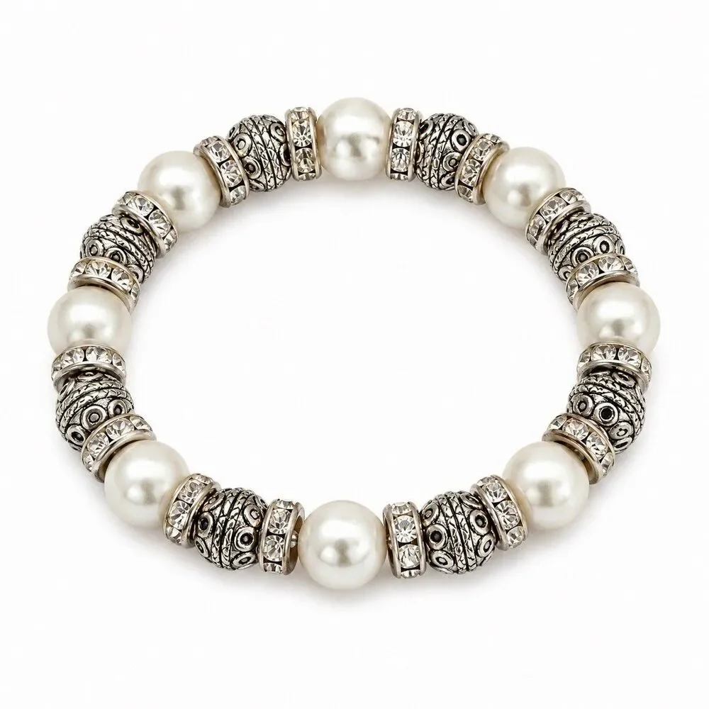 Vintage Faux Pearl Rhinestone Stretch Bracelet Silver Bali Bead Boho Chic